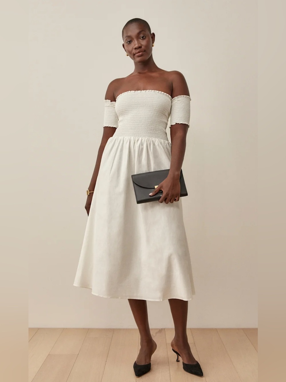 NWT $275 Reformation Westley Organic Cotton Smocked White Midi Dress Size L